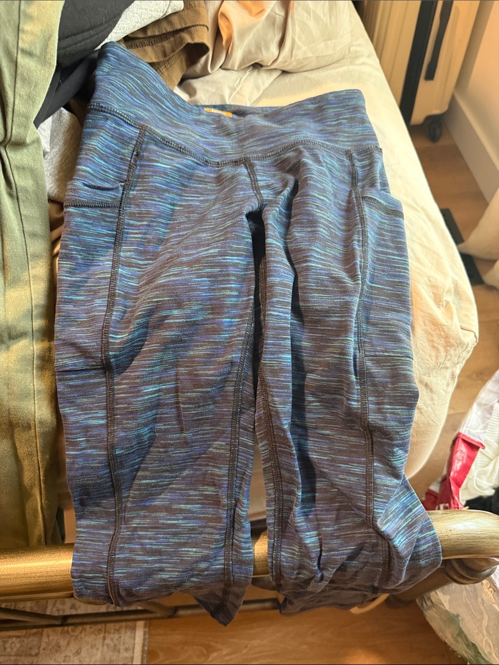 Blue Multi-Stripe Athletic Leggings with Side Pockets